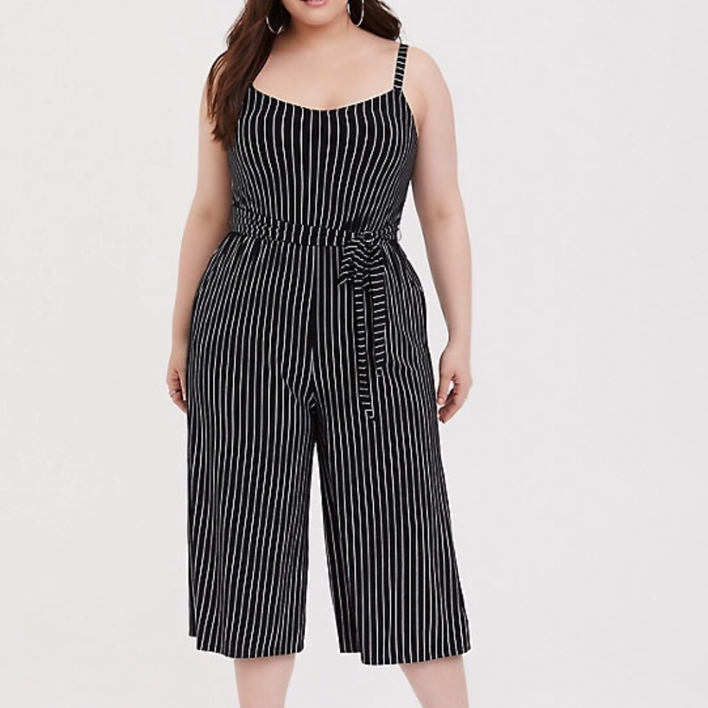 Black Pinstripe Culotte Tie Front Jersey Jumpsuit